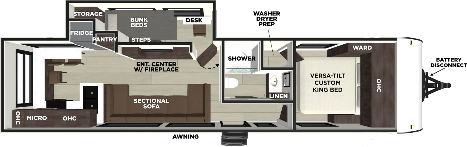 The Wildwood 290ZEN floorplan has one entry and one slide out. Exterior features include: fiberglass exterior, 20' awning and outside kitchen. Interiors features include: bunk beds, rear kitchen and front bedroom.